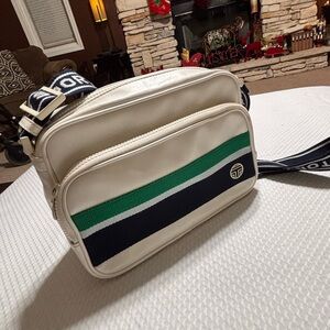 Tory Burch Sport Cream Crossbody Bag with Green and Blue Stripes